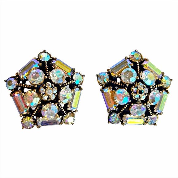 Vintage 1950s Signed Hollycraft Iridescent Clip On Earrings - Picture 1 of 10